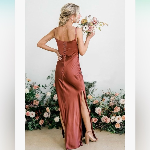 Burnt Orange Bridesmaid Satin Long Dress - Picture 2 of 3